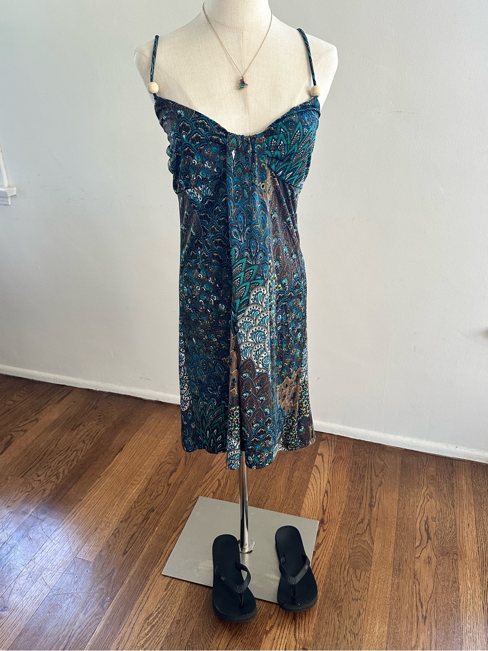 Hypnotik Y2K Teal Brown Paisley Spaghetti Strap Dress Boho Midi Dress L